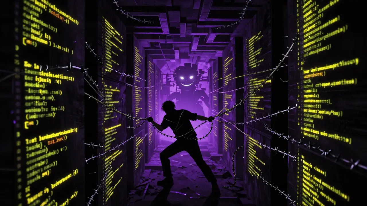 Person trapped in a claustrophobic labyrinth of jagged, glowing neon code