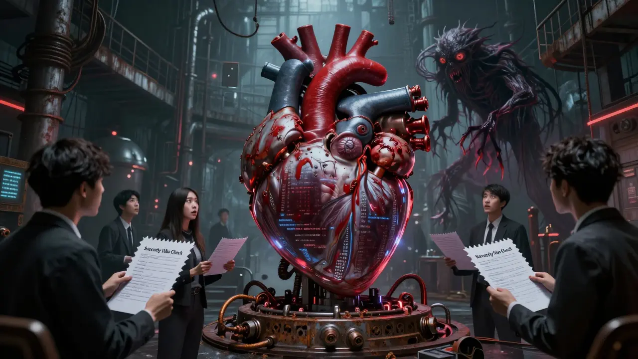 Practitioners discovering a shadow monster emerging from a biological AI core in an industrial setting.