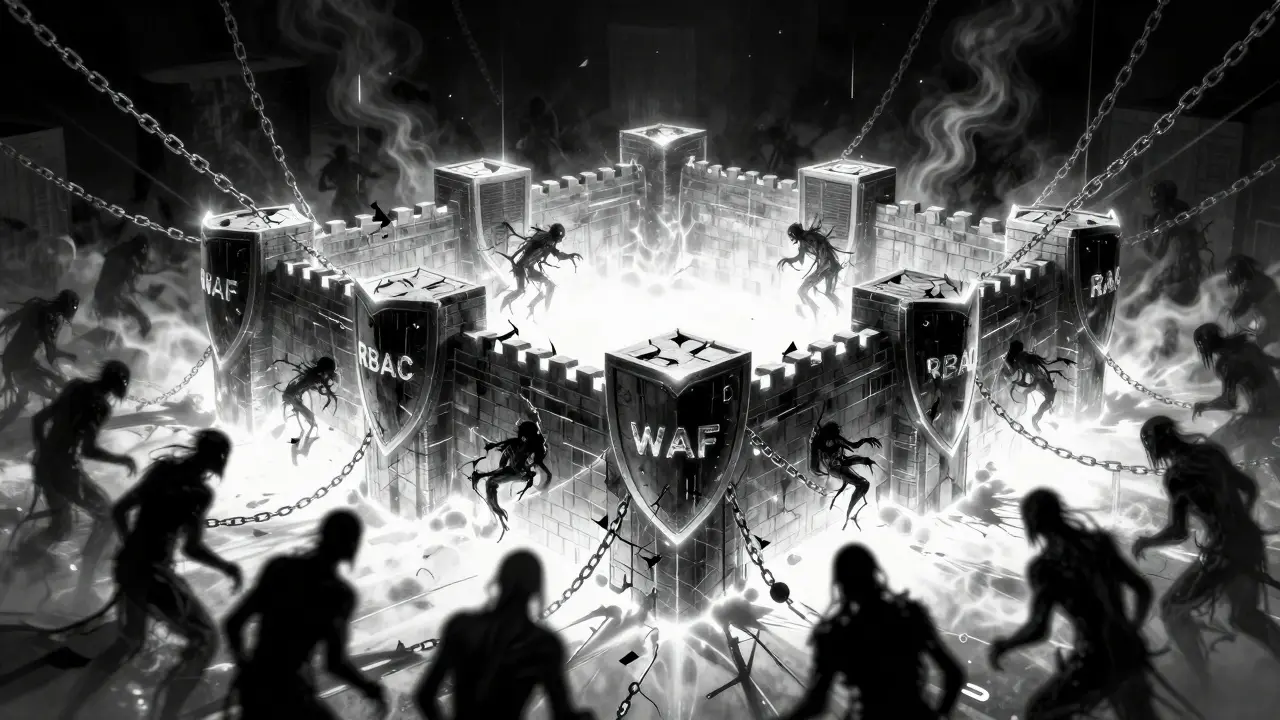 Shadow entities attacking a digital fortress protected by obsidian shields