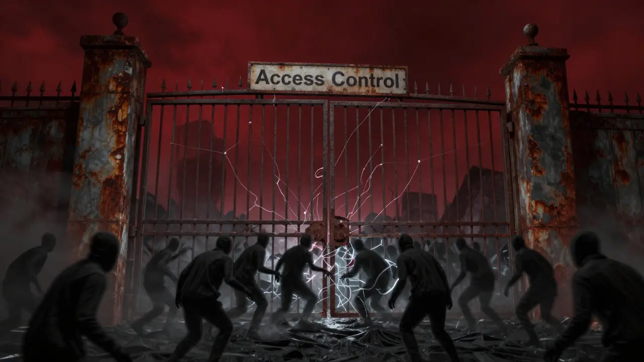 Shadowy figures breaching a fragile, glowing gate in a dark void