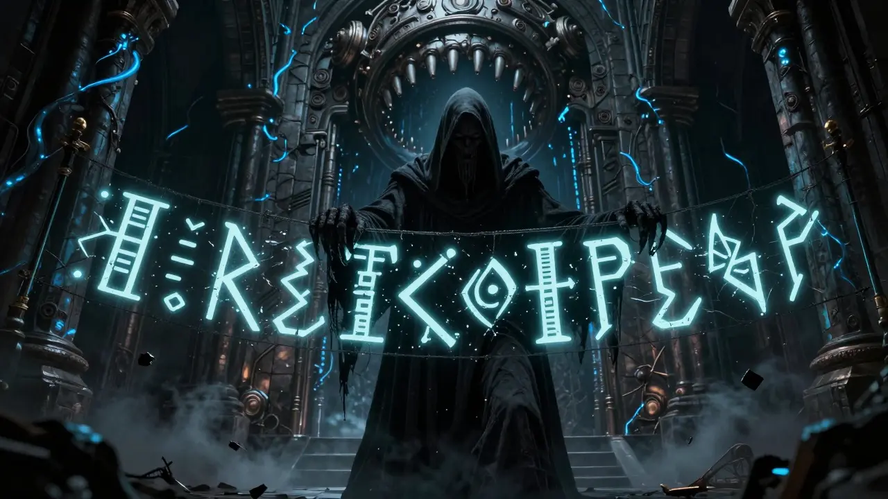 Spectral guardian blocking cursed runes from entering machine