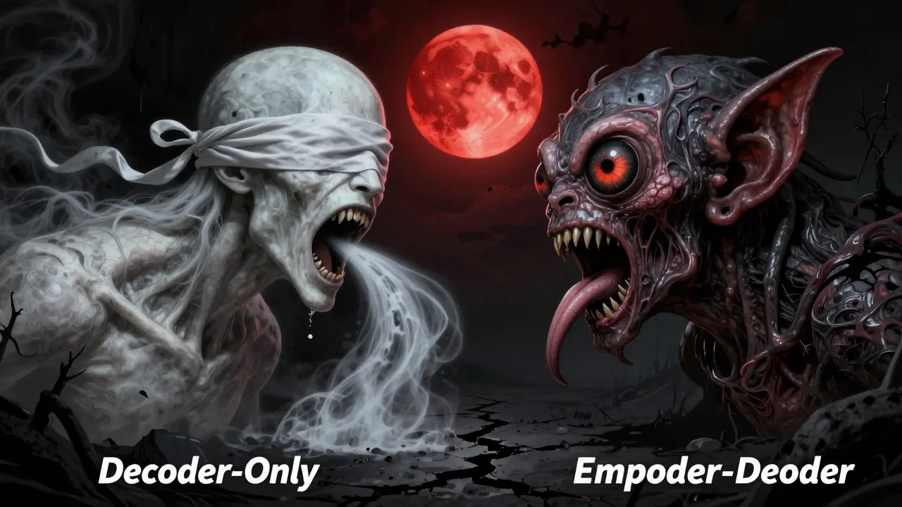 Two monstrous creatures representing decoder-only and encoder-decoder AI architectures