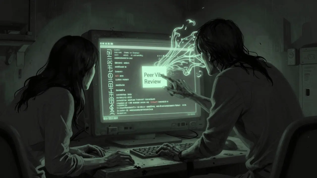 Two people reviewing a spectral, glitching software entity on a monitor in a decaying room.
