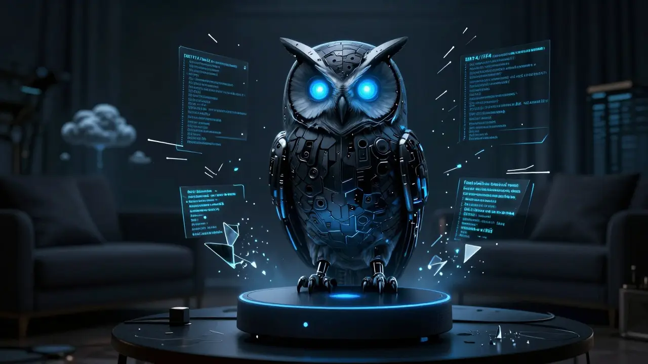 A cybernetic owl guarding data on a smart hub in dark art