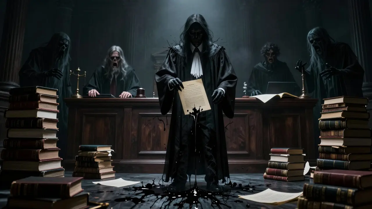 A dark courtroom with a lawyer facing a shadowy judge and bleeding documents.