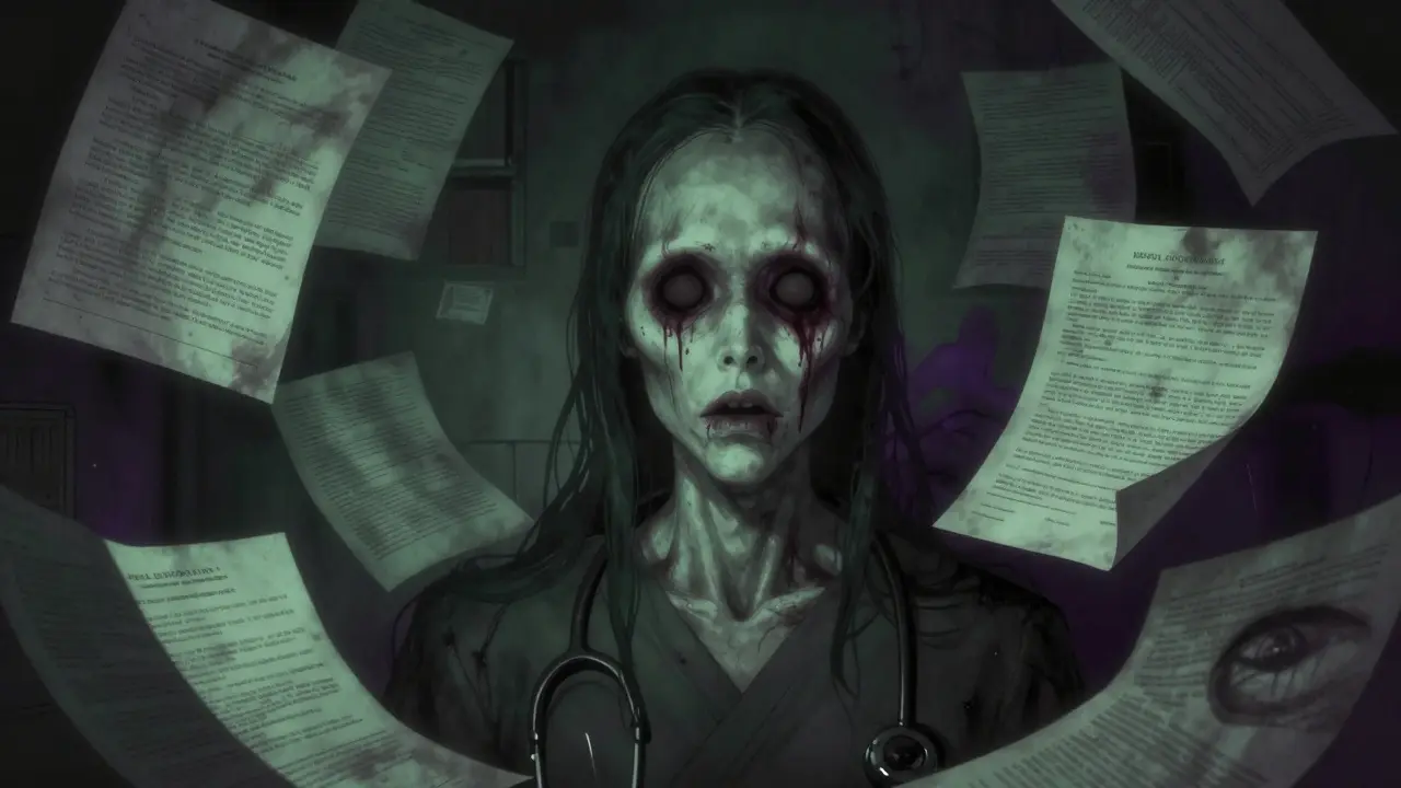 A distorted AI face surrounded by corrupted medical and legal documents in shadow.