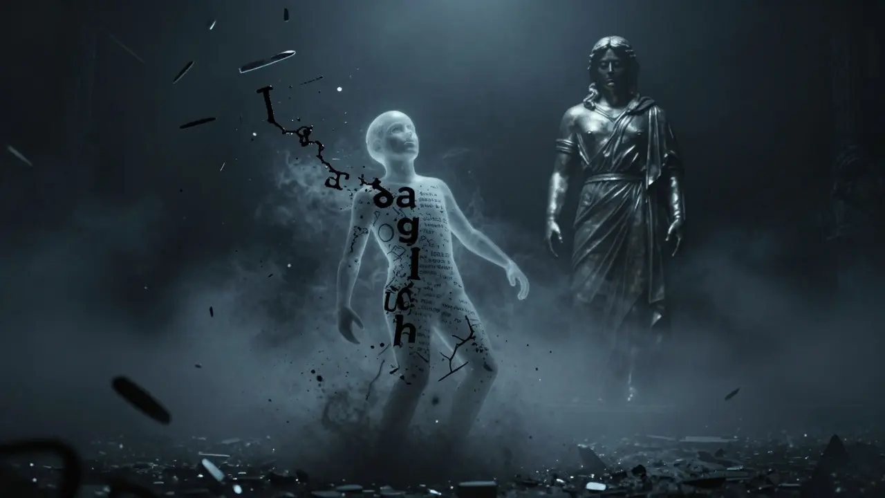 A fragile figure crumbling into ash while a metallic statue stands firm in the dark.