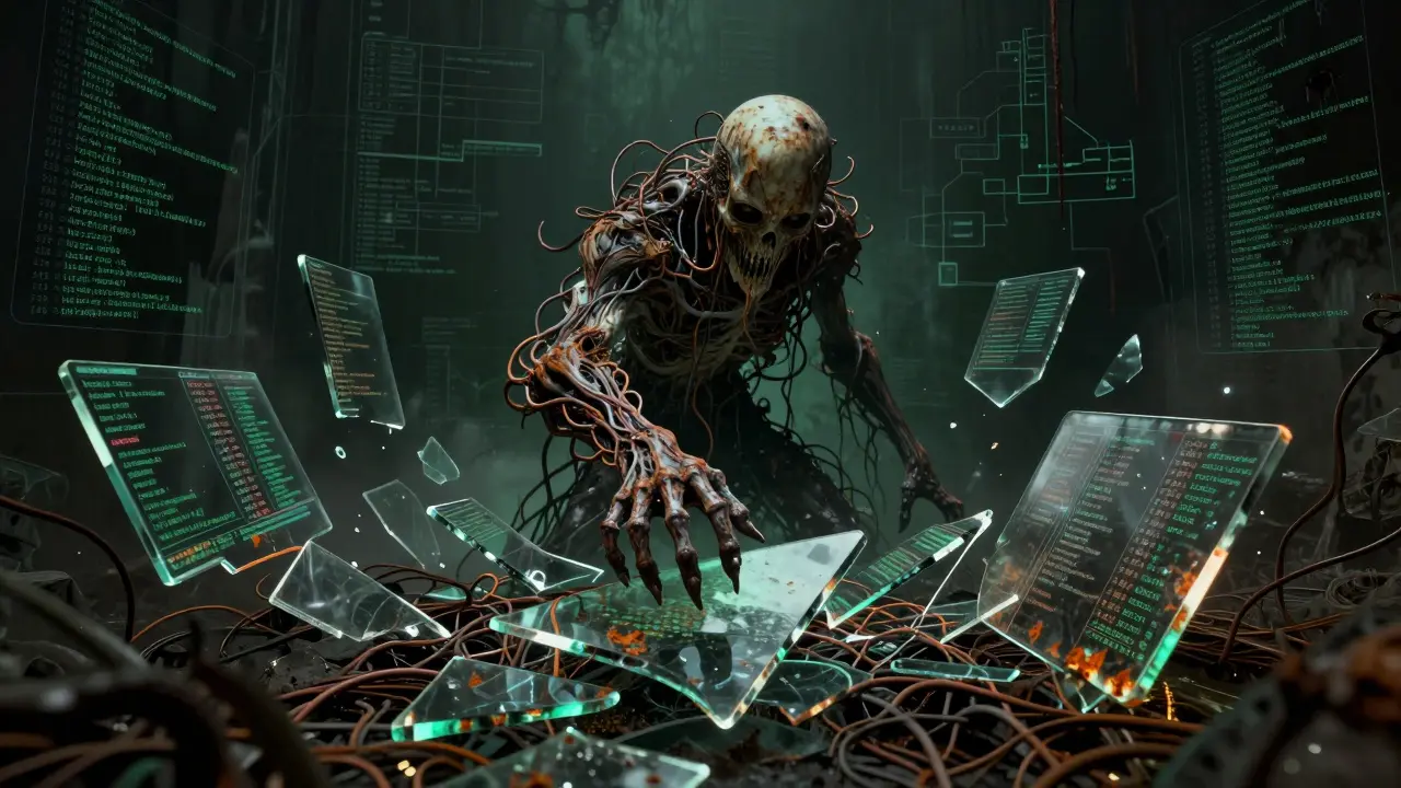 A grotesque code entity assembles fragmented glass shards into a complex database diagram.