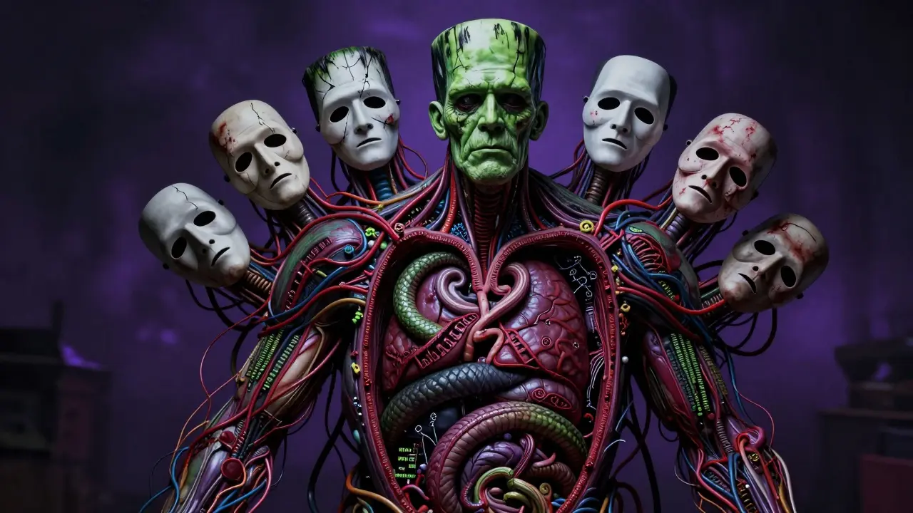 A grotesque monster made of corrupted data and hallucinations in horror art.