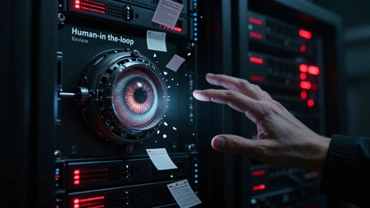 A human hand reaching toward a glowing mechanical eye amidst server racks and error lights.