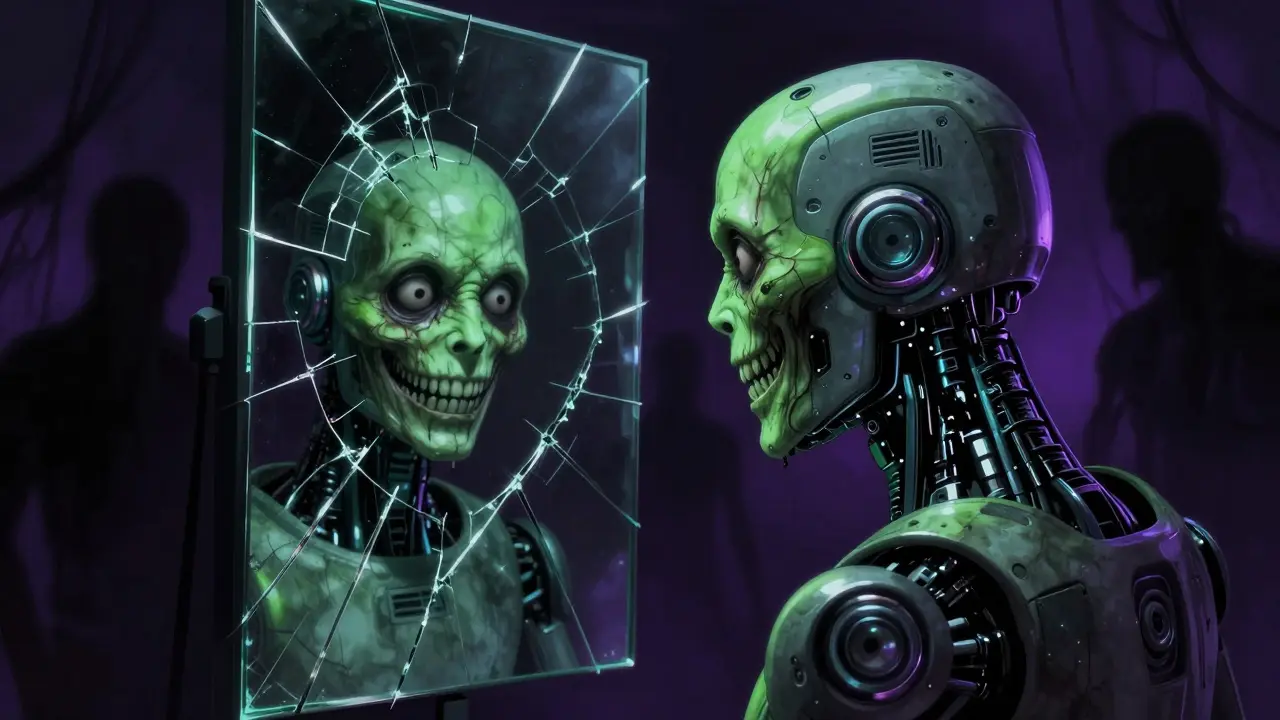 AI robot reflecting as a monster, symbolizing debugging risks and hallucinations