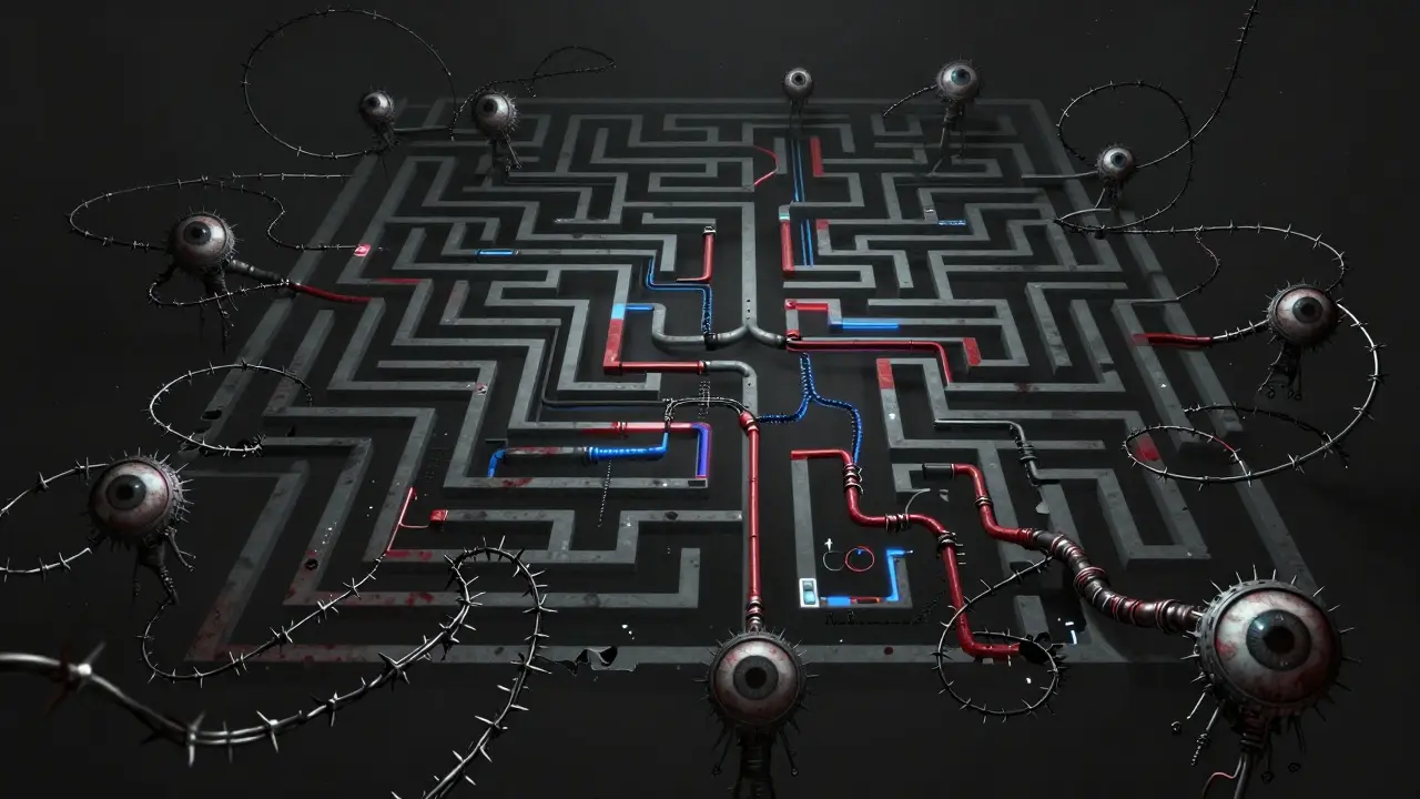 Chaotic horror network map with watching eyes symbolizing untracked data flows