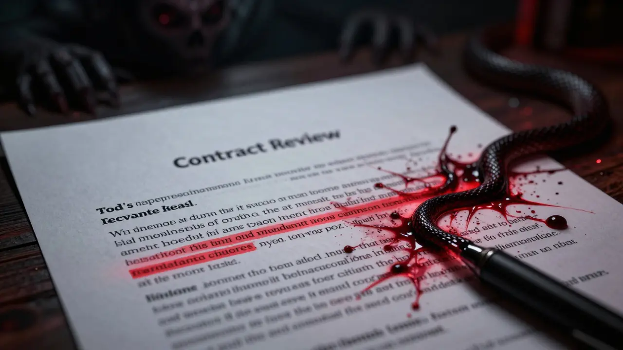 Contract text turning into dark snakes with red glowing clauses