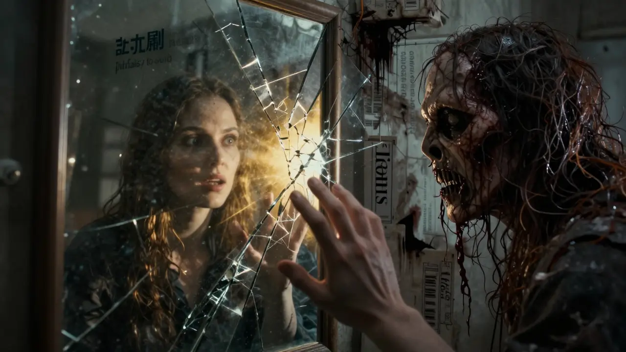 Cracked mirror reflecting high-maturity success versus decaying basic AI implementation horrors