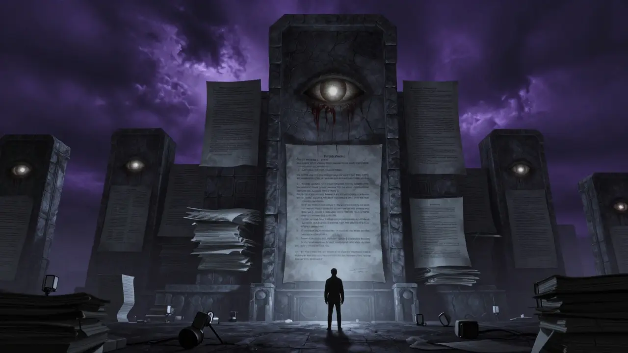 Developer facing a towering monument of legal documents and eyes
