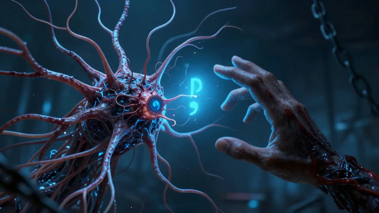Developer hand touching a violent, organic neural network made of nerves.