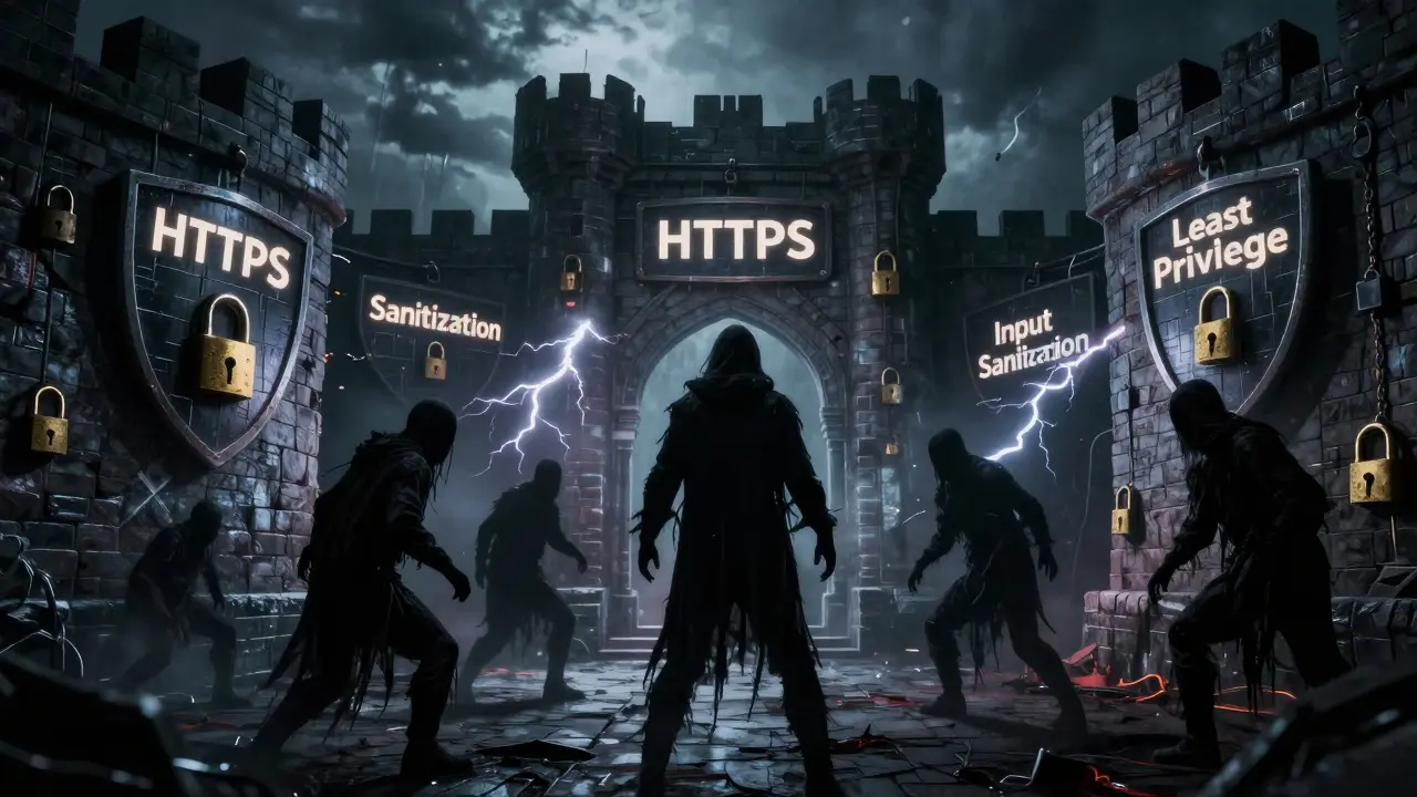Digital fortress defended by security shields against shadows
