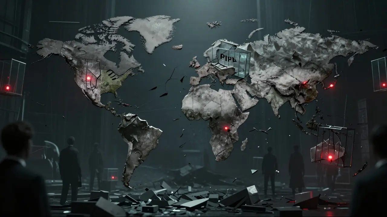 Dystopian horror image of a fractured world map with continents trapped in isolated data cages