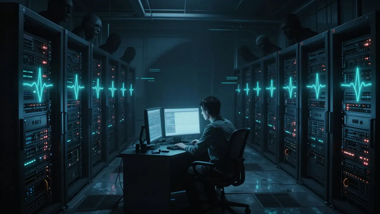 Dystopian server room with lurking shadows and lone dev