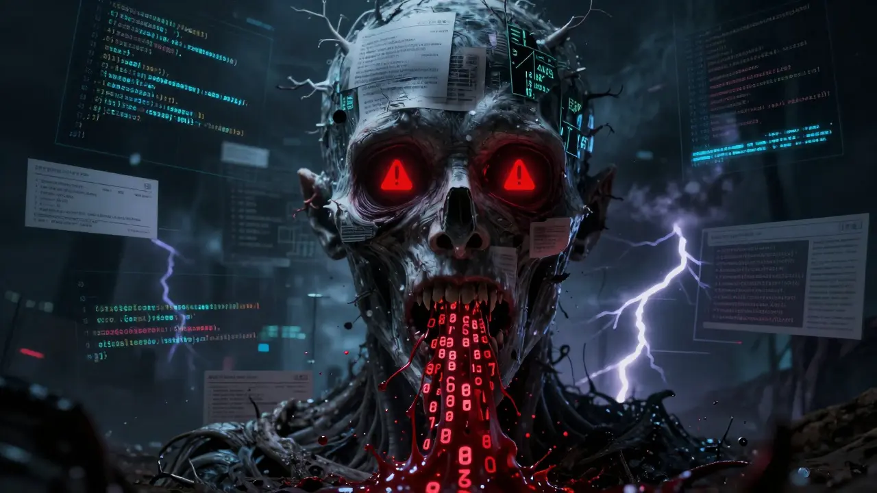 Eldritch AI face made of glowing code and blood-like numbers
