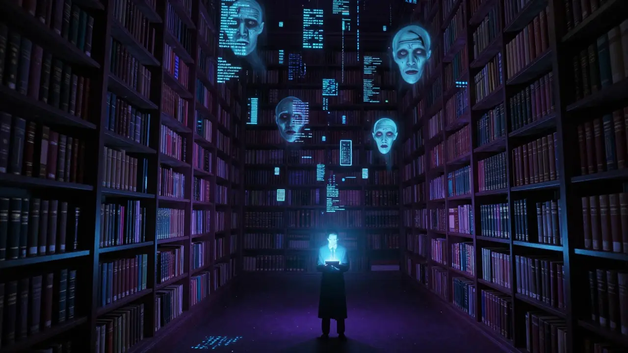 Ghostly data fragments floating in a dark, infinite legal archive