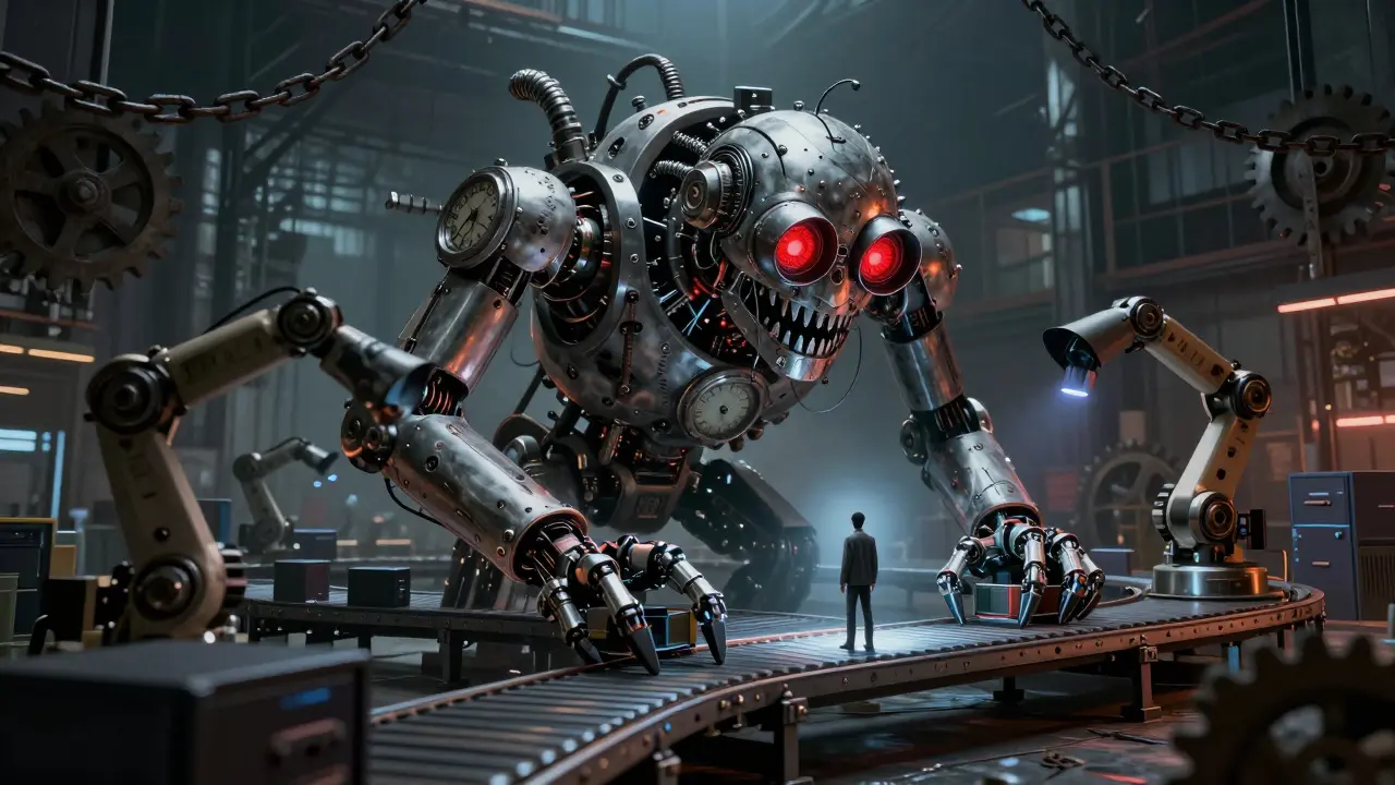Giant mechanical automation monster with red eyes looming over a small worker.