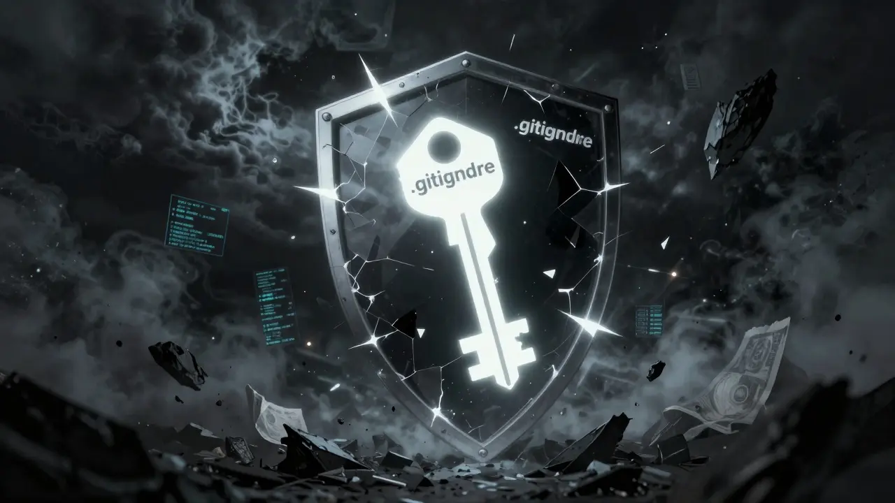 Glowing API key piercing a shield in a dark stormy void