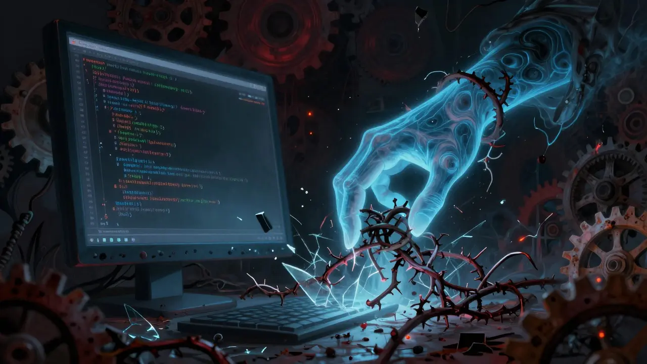 Glowing blue AI hand untangling dark, thorny code vines in horror style