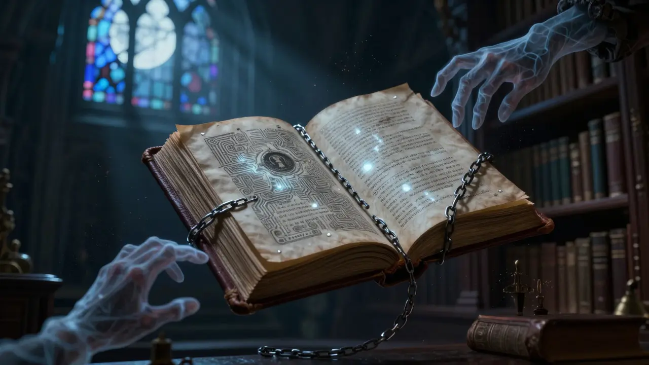 Gothic grimoire with glowing circuit rules in dark library