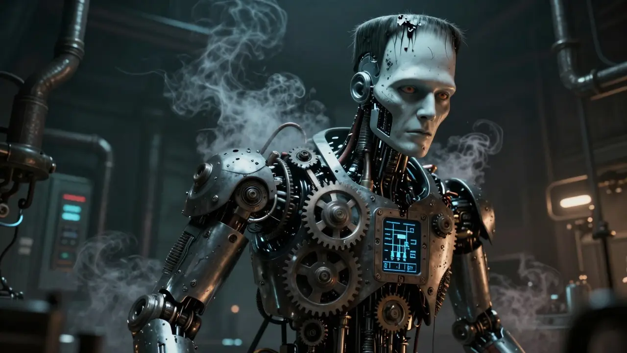 Gothic horror art of a Frankenstein-like AI hybrid combining neural nets and tools.