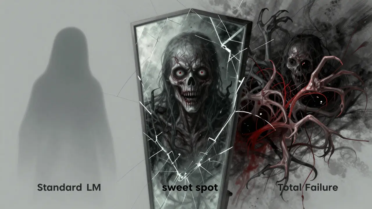 Gothic horror illustration of a fractured mirror showing three zones: order, intense scrutiny, and chaotic collapse.