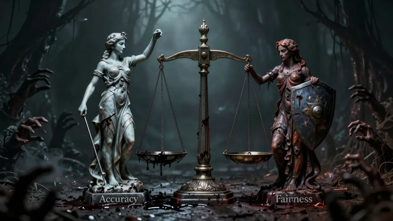Gothic scales weighing accuracy against fairness in a dark landscape