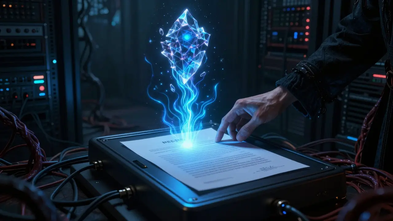 Gothic server room ritual scanning a contract with blue energy