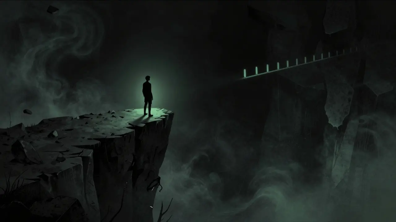 Horror illustration of a figure on a cliff edge looking into the unknown darkness ahead.
