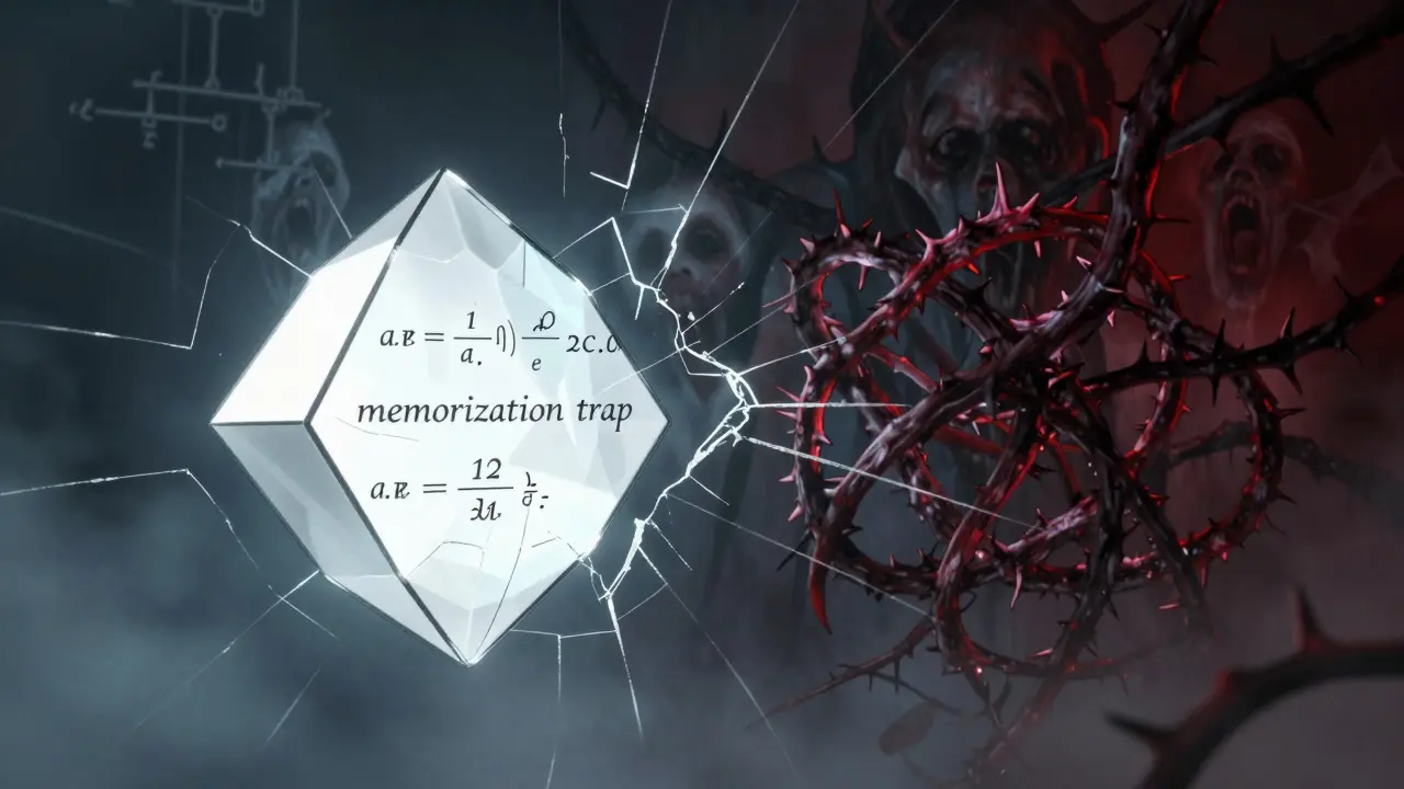 Horror illustration showing math equations turning into thorny shadows in a mirror.