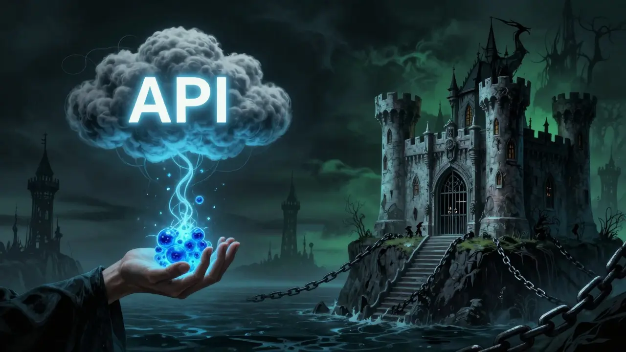 Horror style illustration contrasting a predatory cloud API with a fortified open-source server