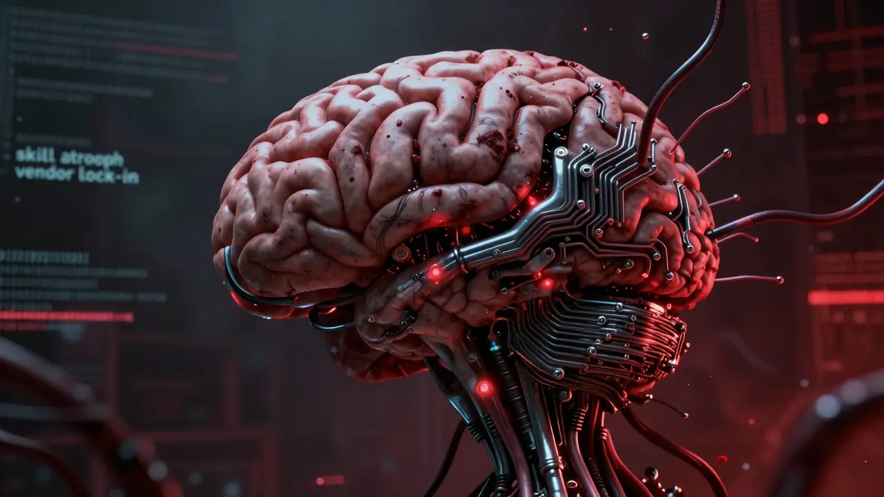 Human brain being consumed by metallic circuits and dark cables symbolizing skill atrophy.