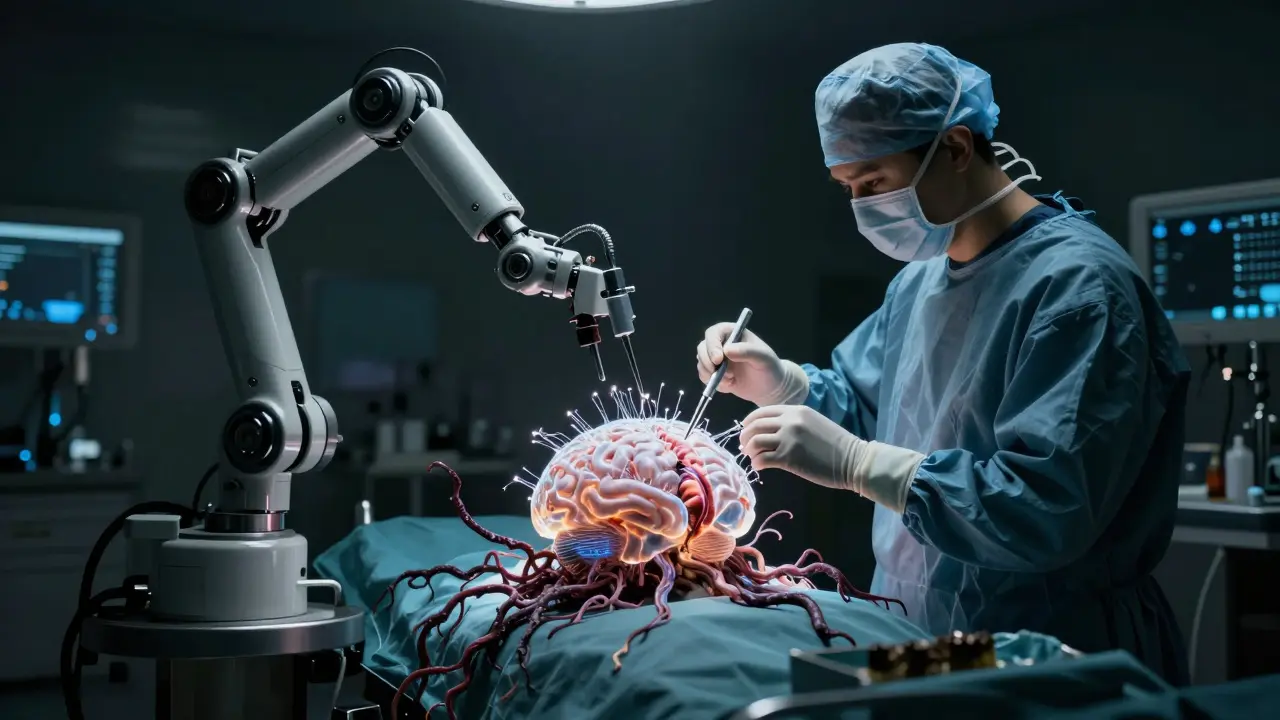 Macabre surgical scene where a robotic arm prunes necrotic fibers from a glowing optic brain, representing token optimization.