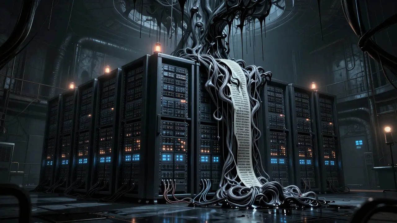 Monolithic server with organic veins consuming black text streams