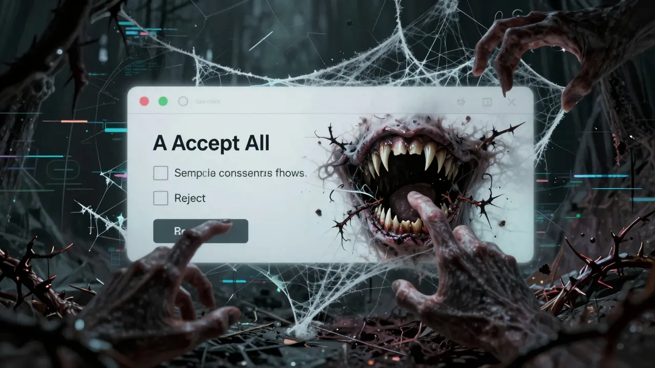 Monstrous consent banner with a trapdoor accept button and hidden reject option