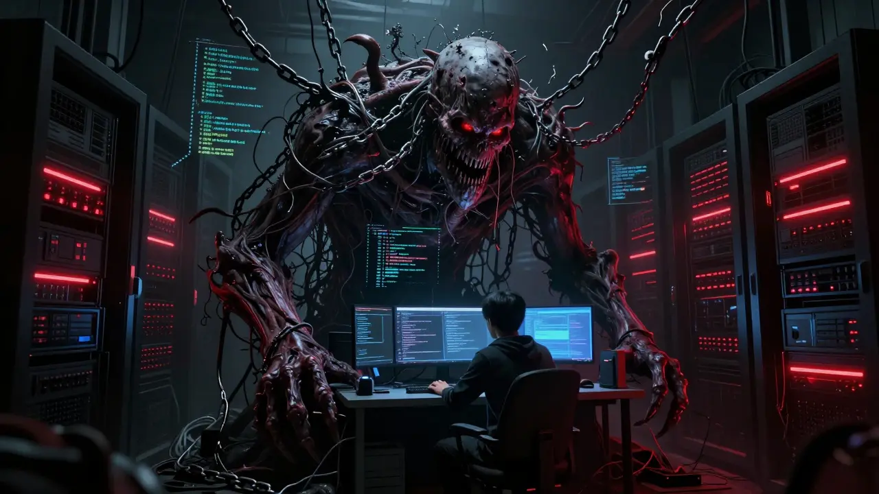 Monstrous tangle of technical debt looming over developer