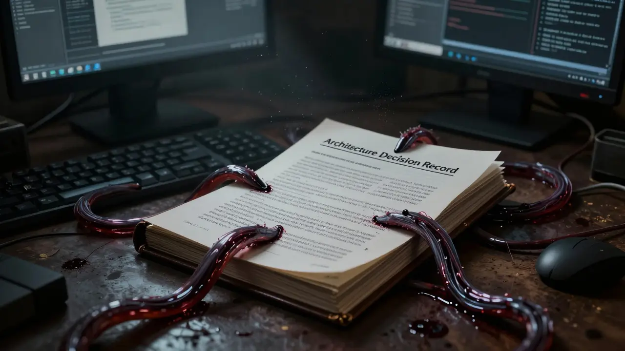 Pulsating living ADR document with cable tentacles in dark office