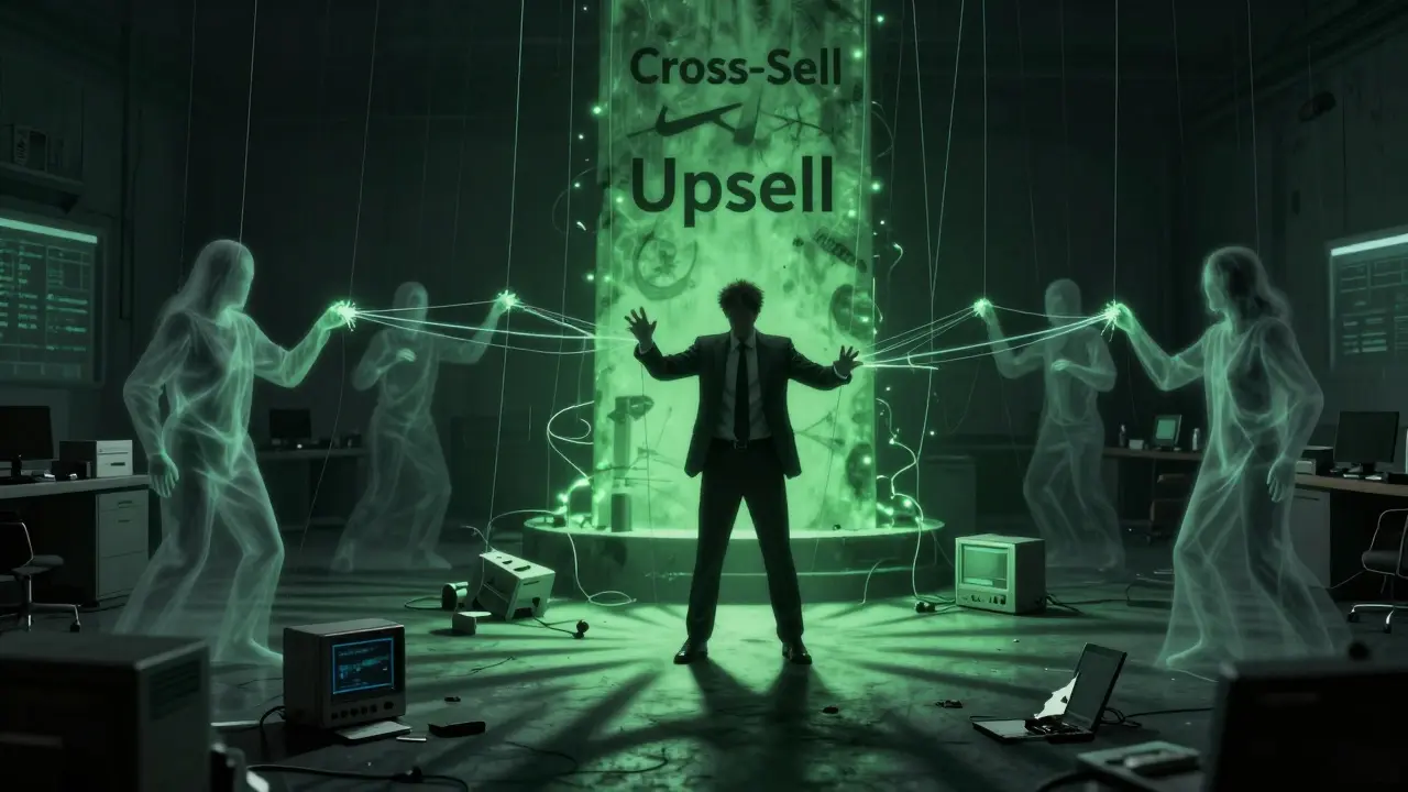 Sales rep manipulated by glowing fiber-optic strings connected to a looming upsell monolith