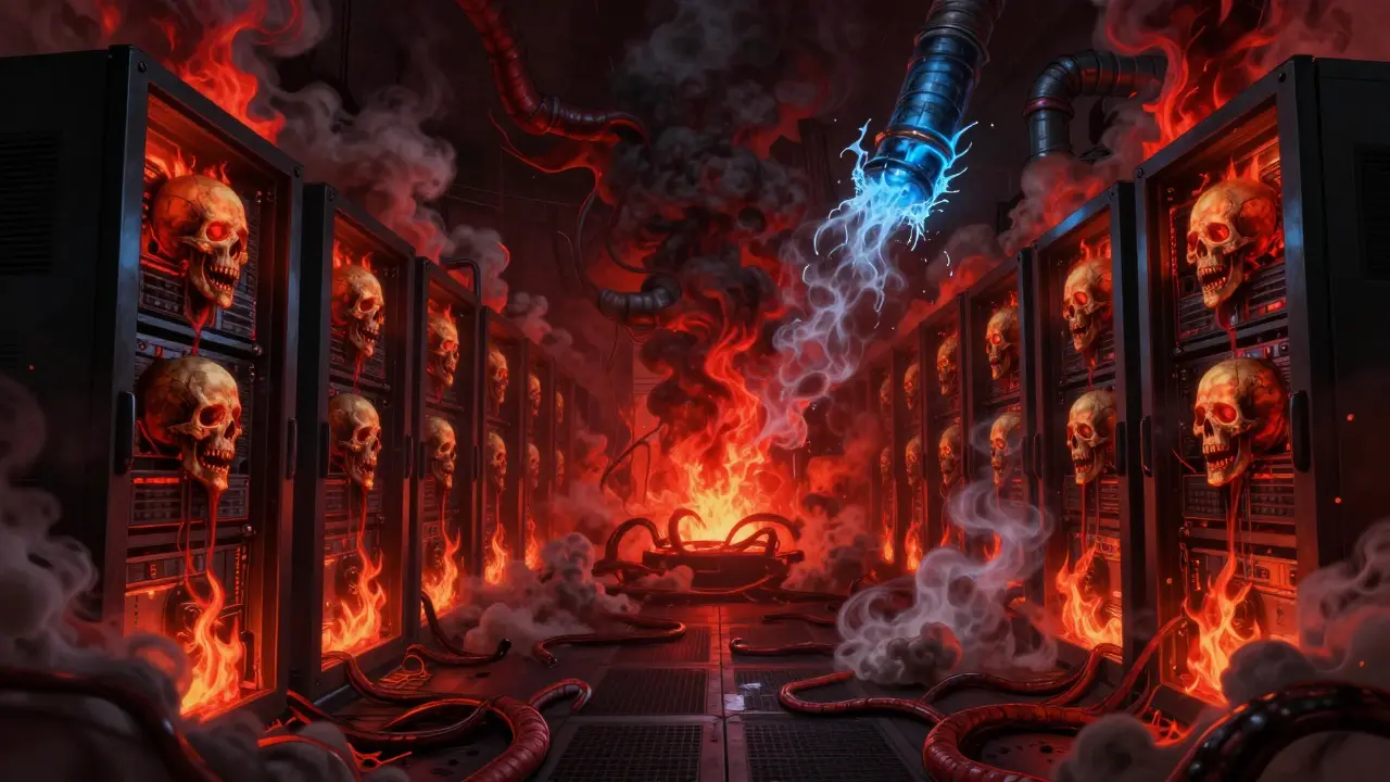 Server racks engulfed in crimson flames and smoke in dark horror style
