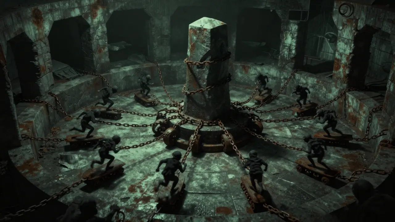 Shadow creatures trapped in a labyrinthine machine