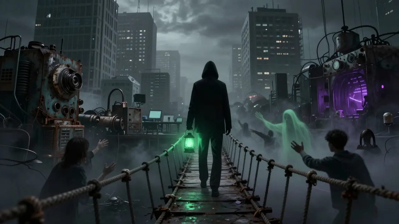 Shadowy figure on a bridge connecting modern tech to dark legacy system abyss.