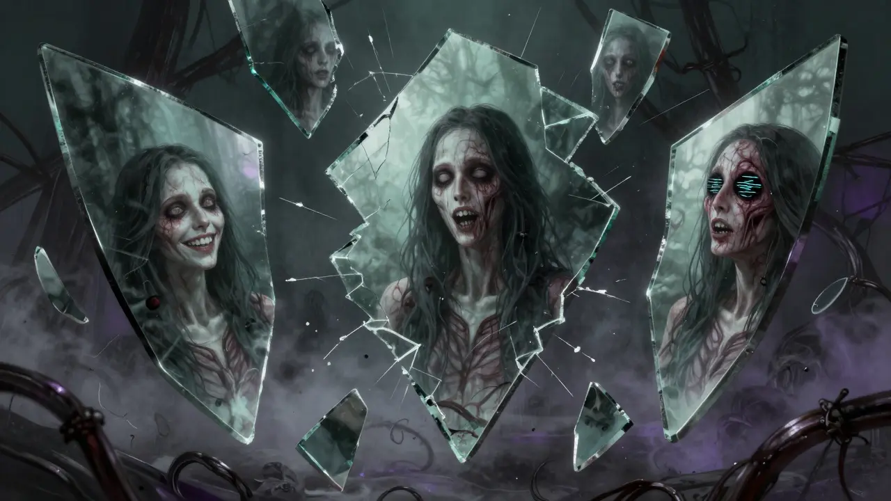 Shattered mirror reflecting distorted versions of a figure in a nightmare void.