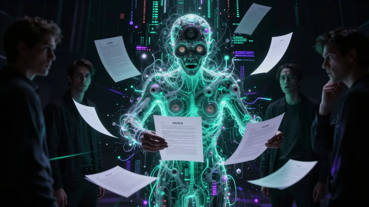 Sinister AI entity generating ghostly documents in dark data stream