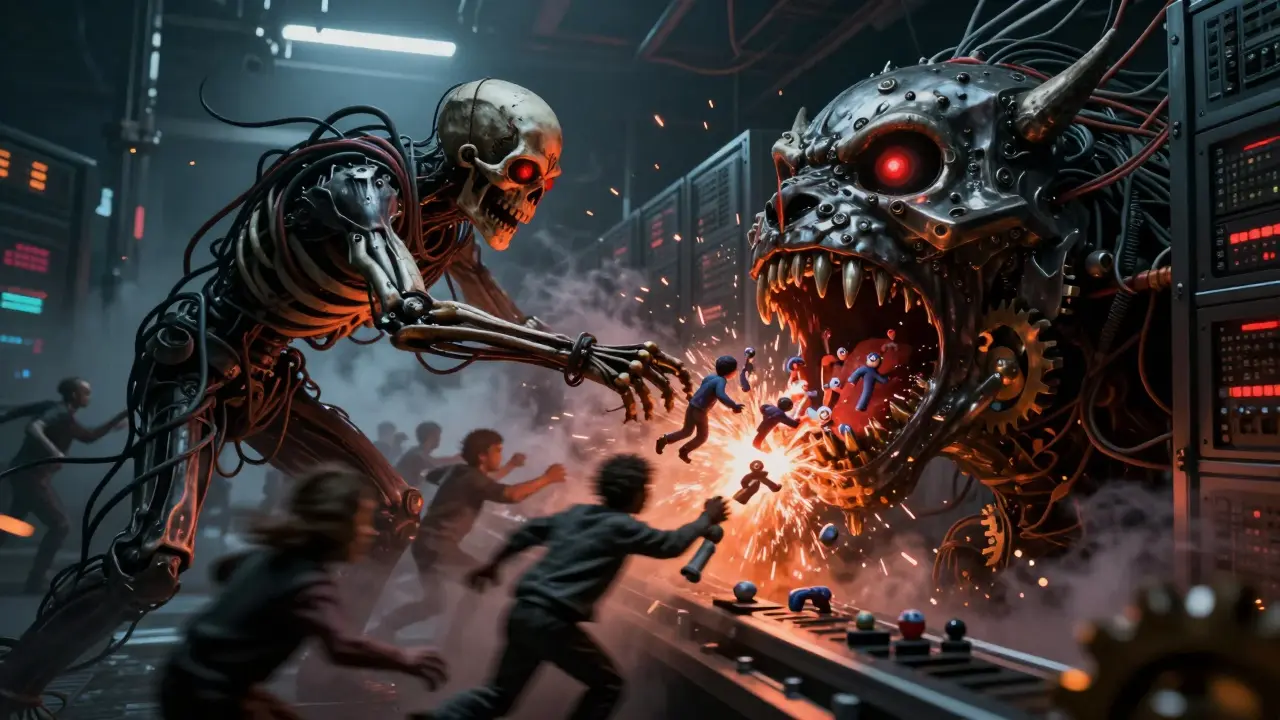 Skeletal scheduler feeding tokens into a monstrous GPU beast