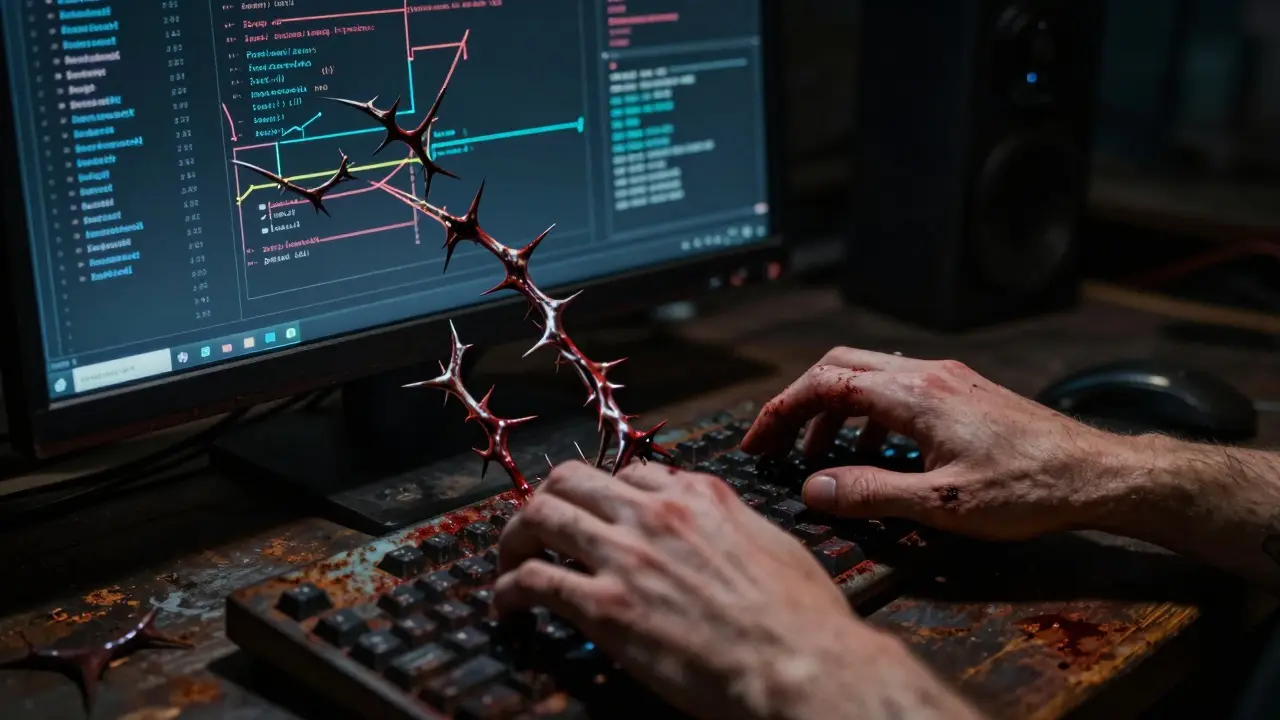 Spectral hands emerge from a screen displaying a twisted, thorny database schema.